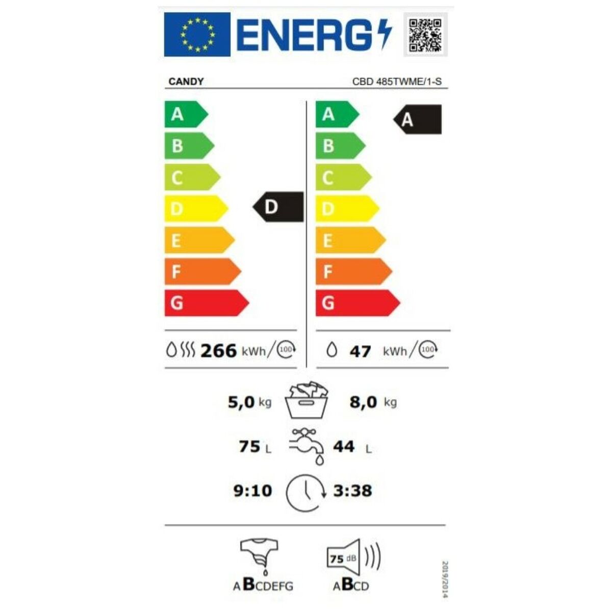 Washer - Dryer Candy CBD 485TWME/1-S 1400 rpm 8kg / 5kg Wit - Afbeelding 2